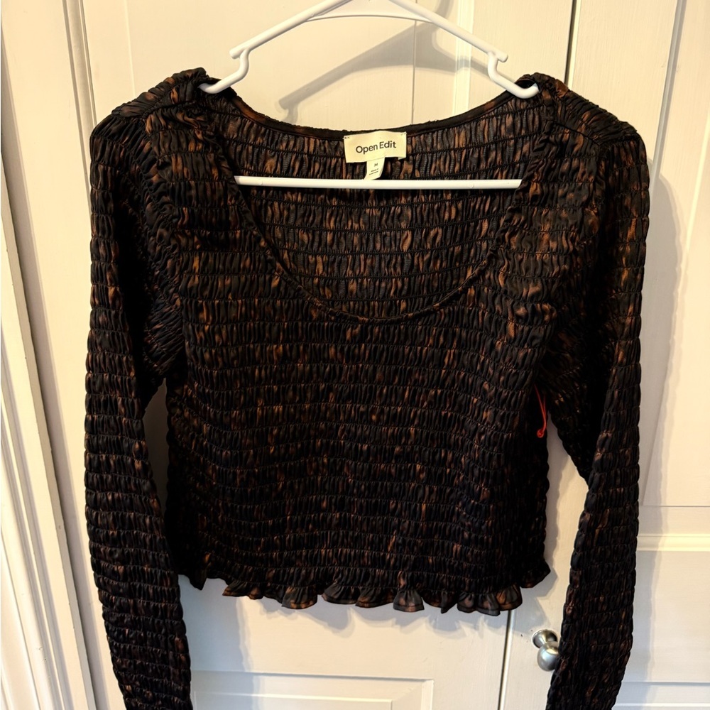 Open Edit Black Smocked Ruffled Blouse